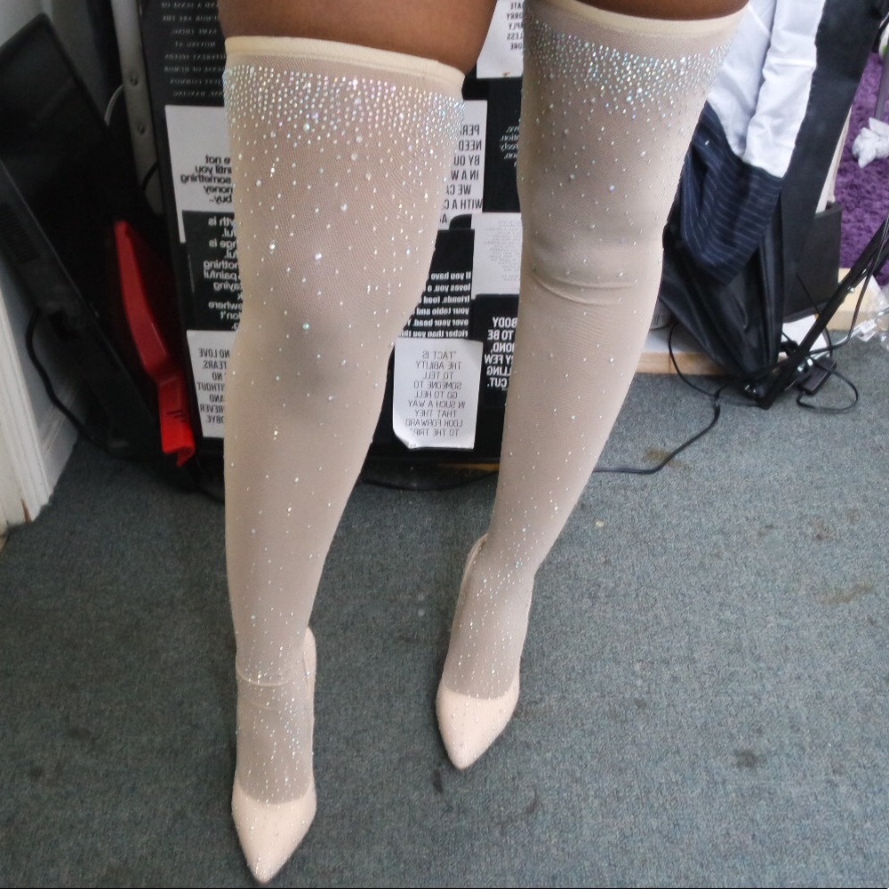 Nude Stocking Filler Jeweled Thigh High Heels